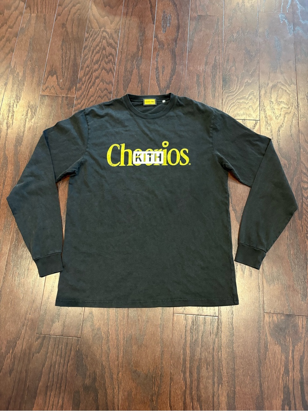 KITH x Cheerios Black Wash Oversized Long Sleeve Shirt Block Logo NWOT *Cut Tag*